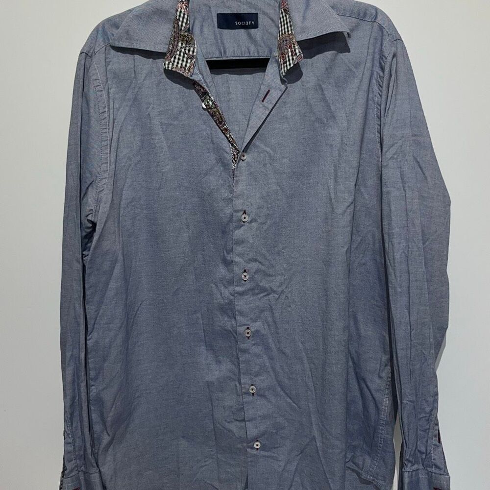 Society Men's Gray Chambray 100% Cotton Collared Long Sleeve Button Up Shirt XL
